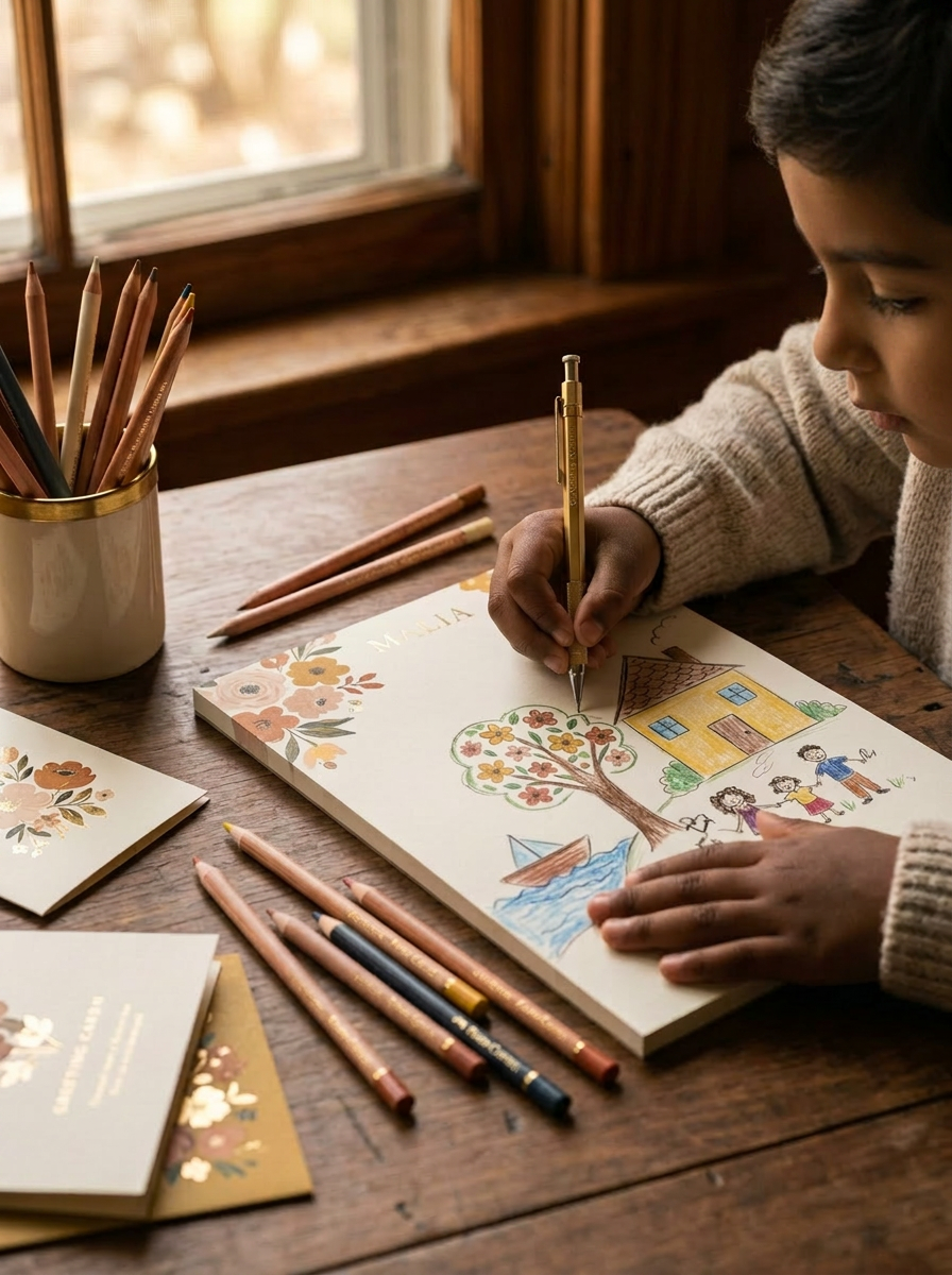 Close-up of a child's hands drawing in a custom notepad