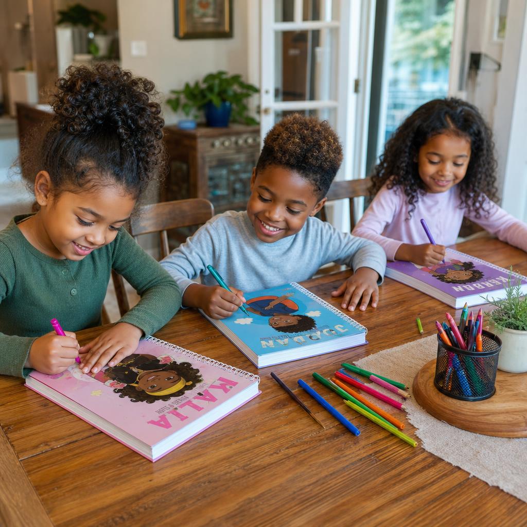 Children drawing and coloring in custom notebooks at a kitchen table