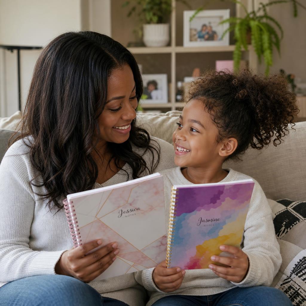 Mother and child sharing a moment with custom stationery on the sofa